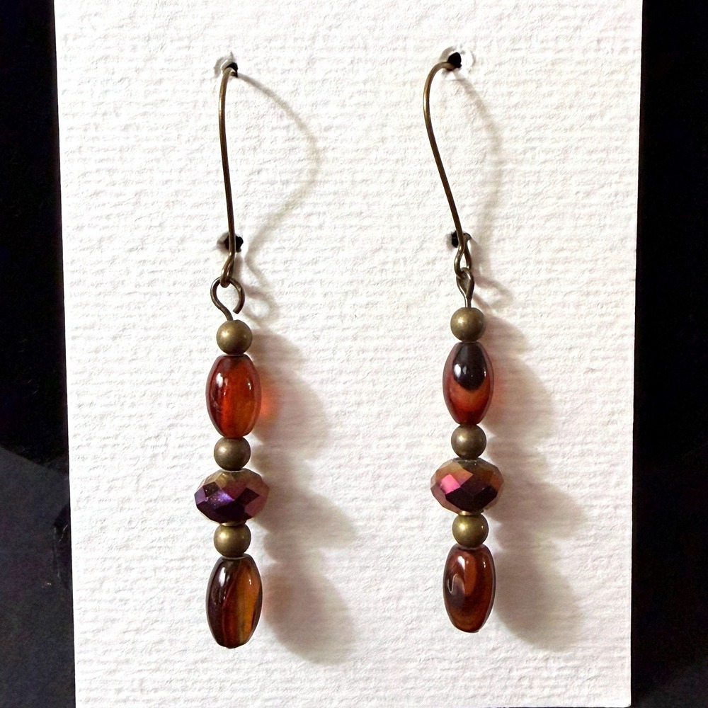 Carnelian Bead w Glass Bronze Earring Handmade Stephanie Aune Boho Dangle Brass